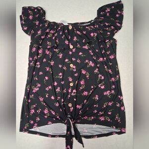 French TWIST  Floral Button-Down Blouse Tie In Front - Black and Pink